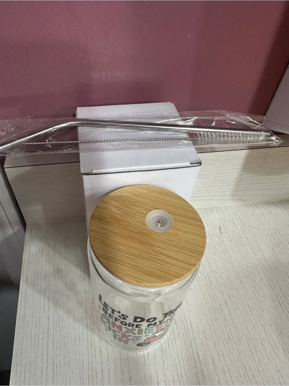 16oz Glass cup with Bamboo Lid - Let's Do This Before My Anxiety Kicks In